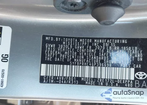 2016 Toyota Corolla Le Eco из США, поврежденный, VIN 5YFBPRHE4GP396698